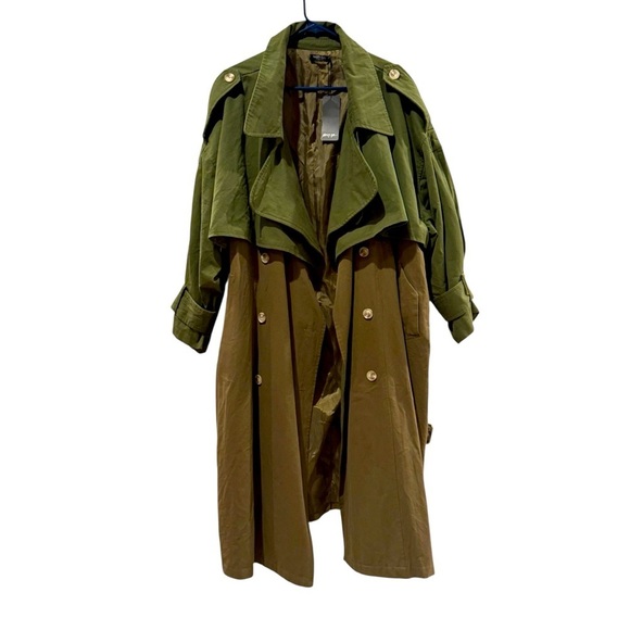 Nasty Gal Back to Mac Two Tone Oversized Trench Coat Khaki Button Size 14 New - Picture 2 of 7